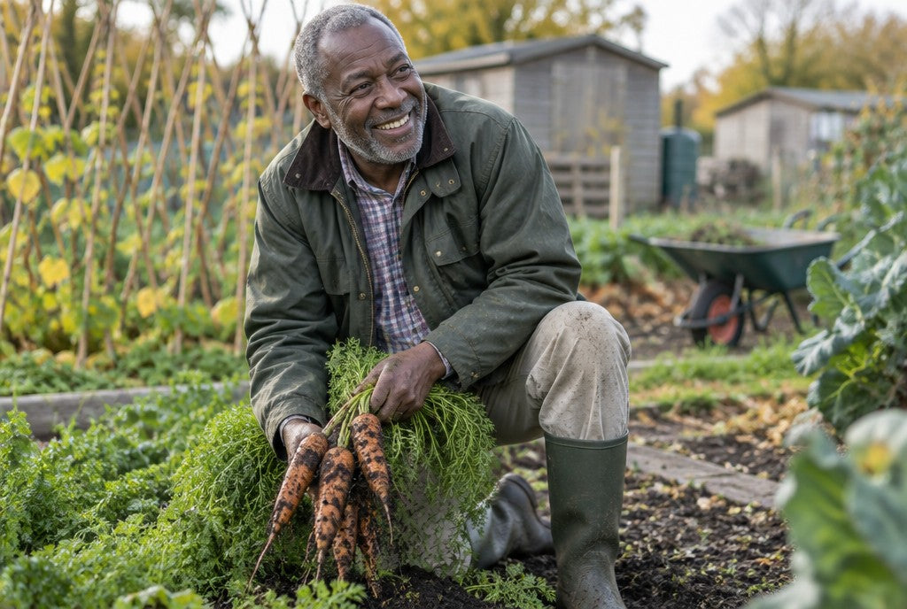 Man in his sixties kneeling at his allotment, smiling and holding freshly pulled carrots