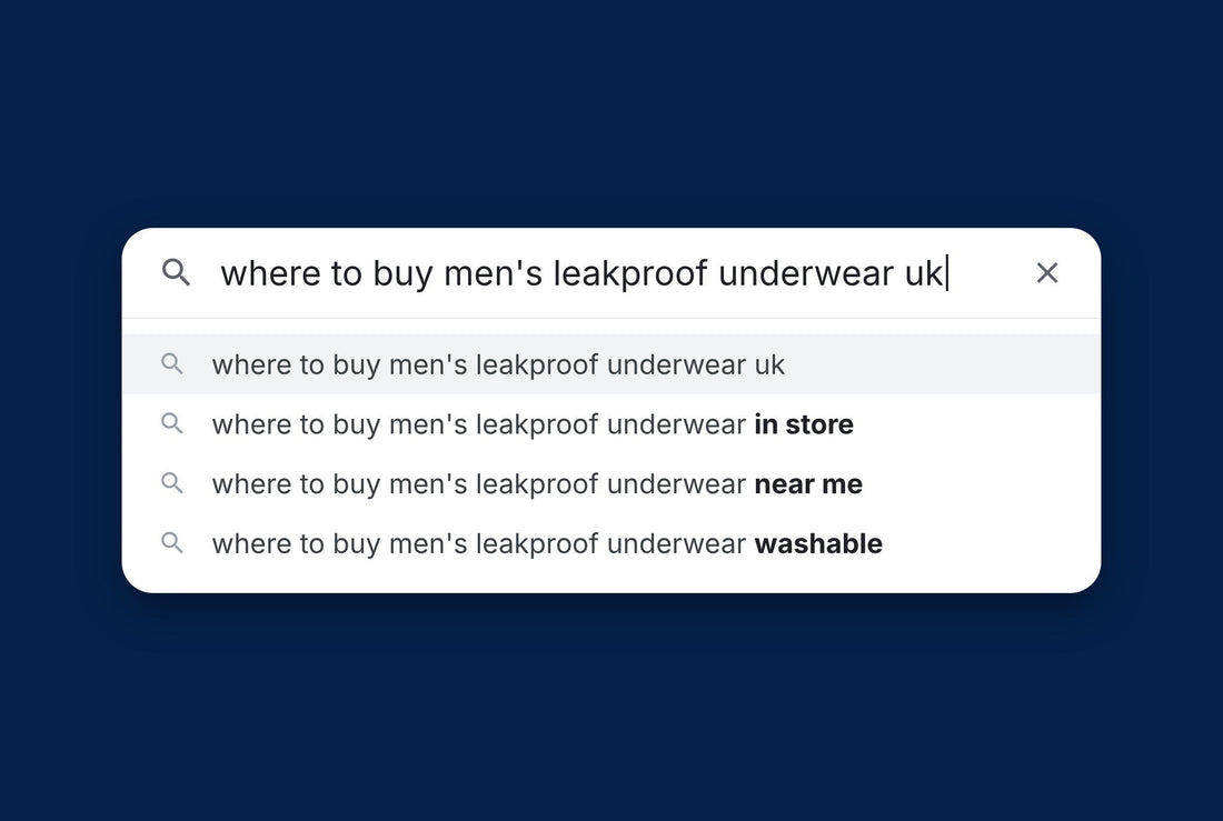 A search bar with the query where to buy men's leakproof underwear uk