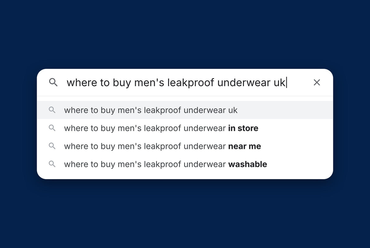 A search bar with the query where to buy men's leakproof underwear uk