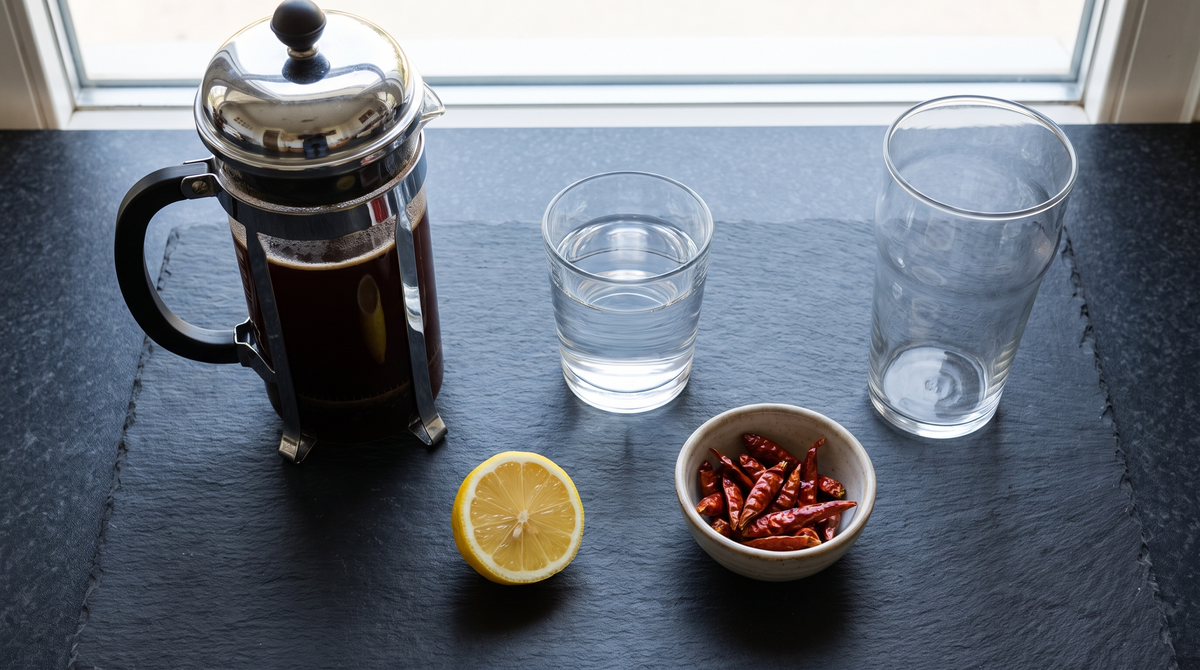 A cafetiere of coffee, a glass of water, a lemon slice and a small bowl of berries on a dark table