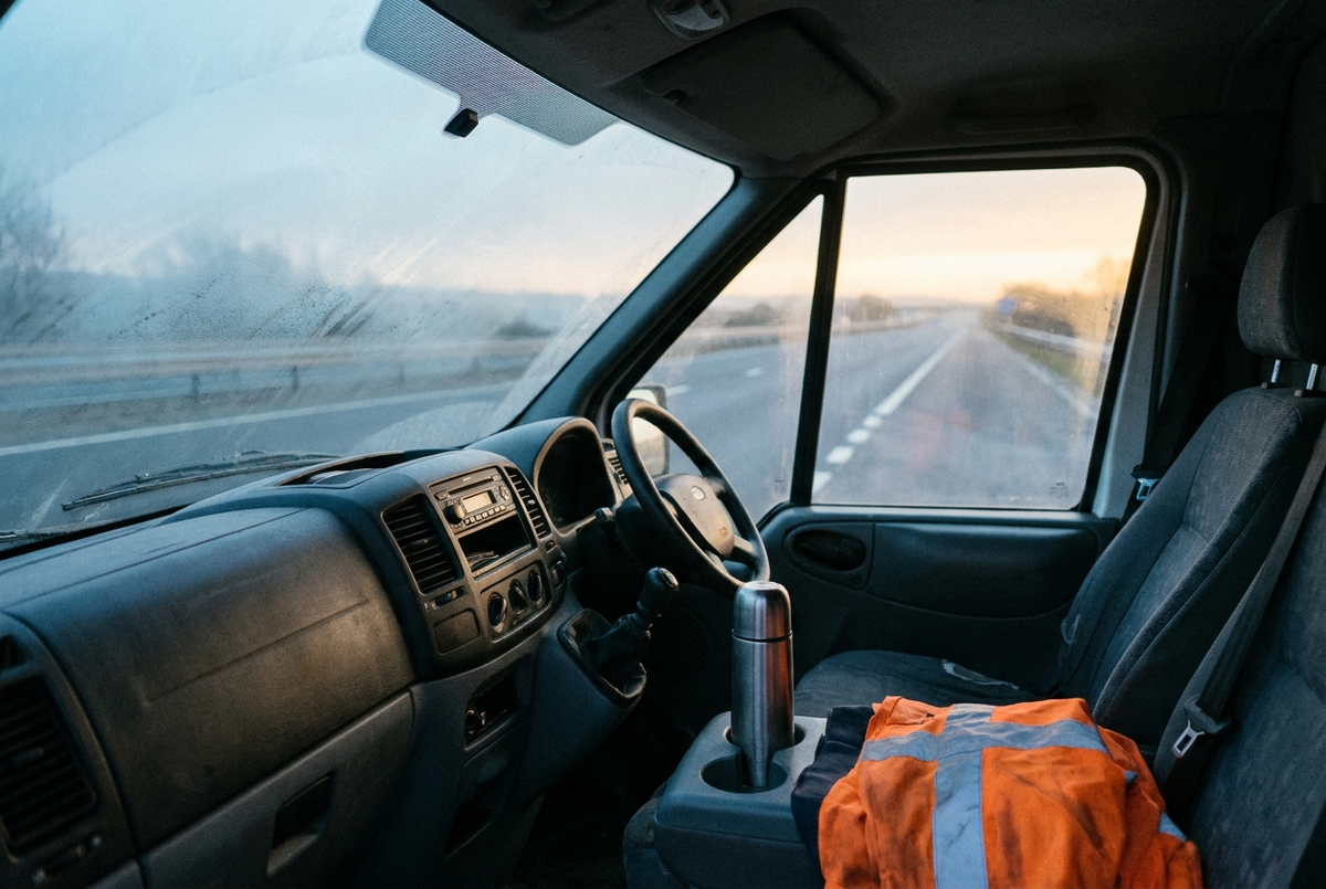 View from a van cab of an open road ahead, with a hi vis jacket on the passenger seat