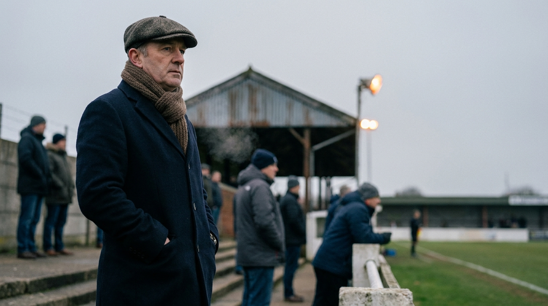 Man standing on a cold football terrace in winter, when cold diuresis makes bladder leaks worse