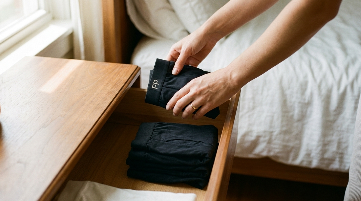 A woman placing a pair of Frank's Pants leakproof underwear in her husband's drawer, looking after him without making a fuss