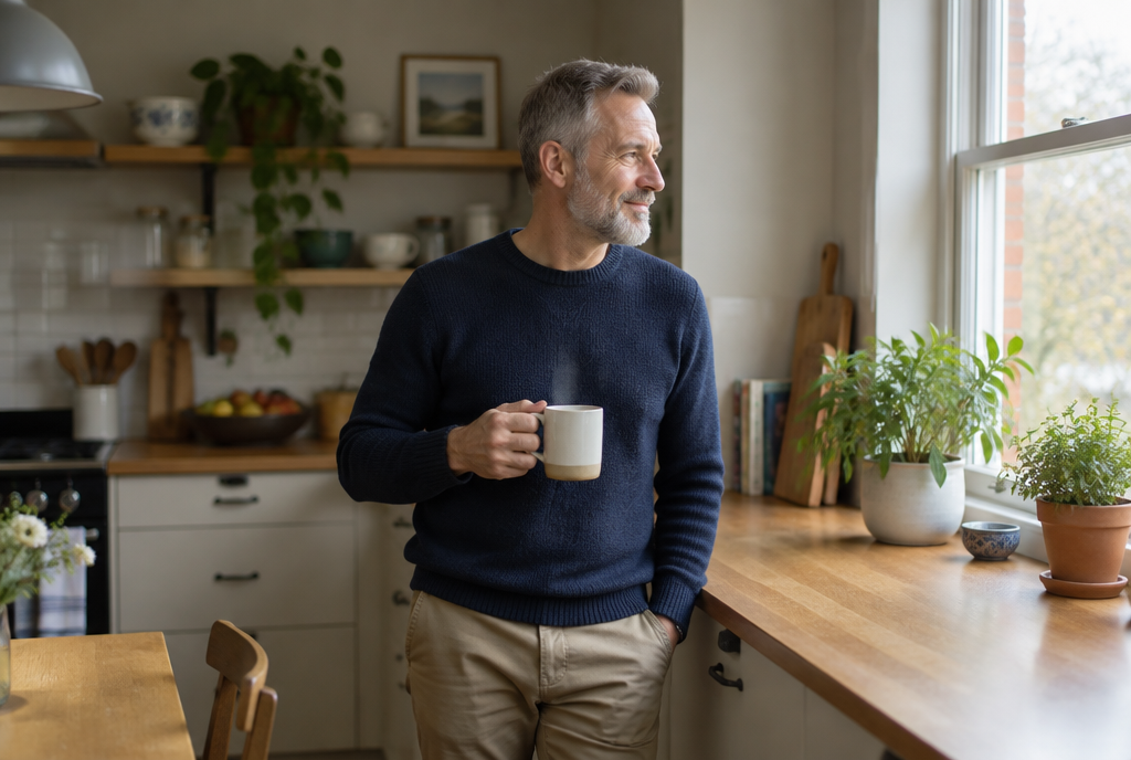 Man in his late fifties drinking tea by the kitchen window in the morning