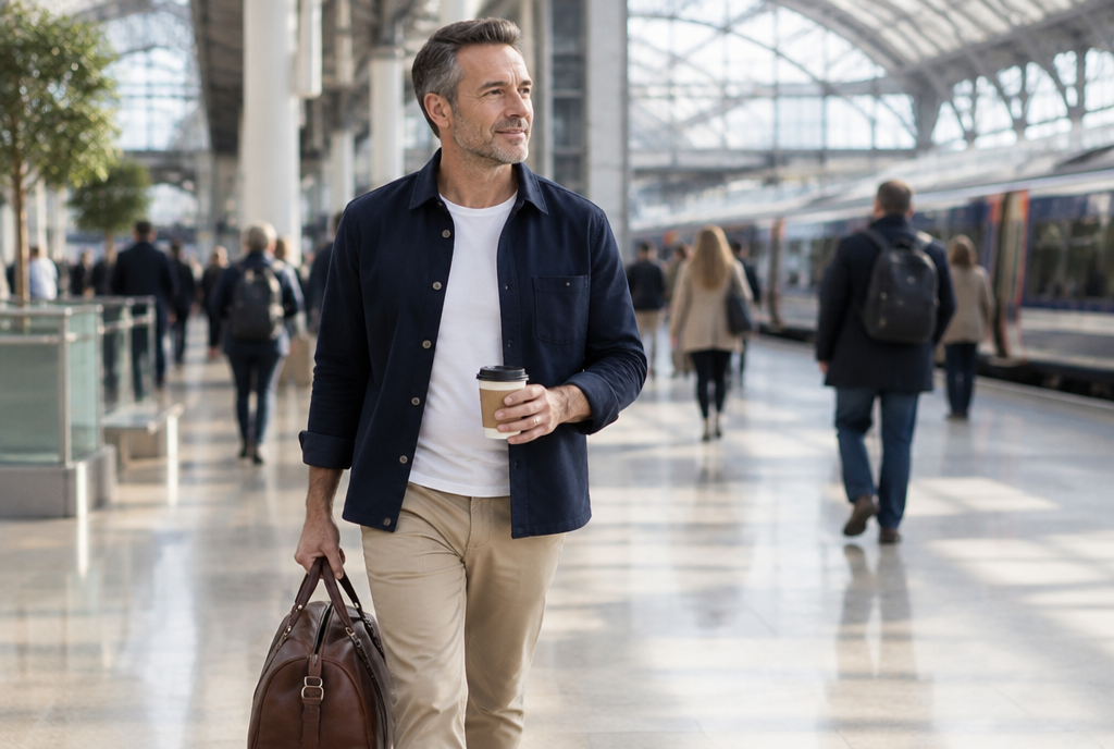 Man in his fifties in light chinos walking through a train station with a coffee and a holdall