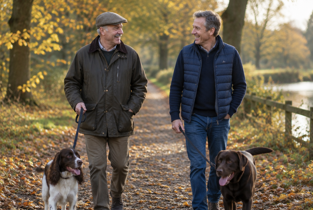 Two men in their fifties walking their dogs through an autumn park, one with a Movember moustache